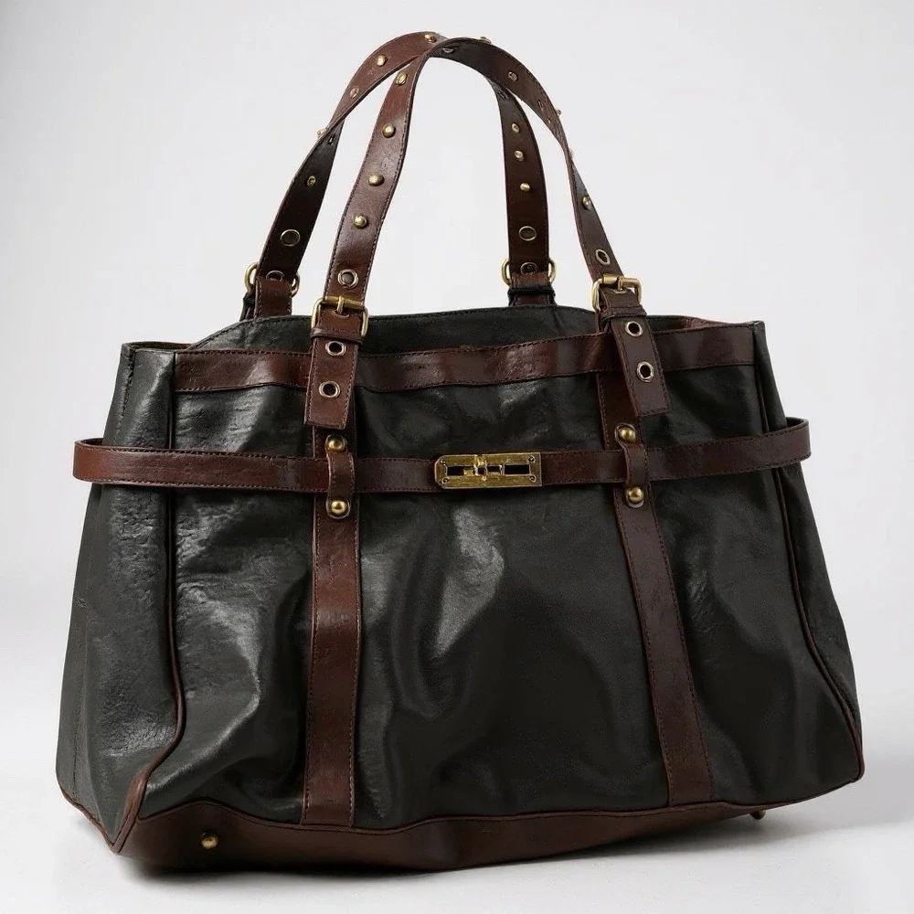 Bueno Black Brown‎ Distressed Vegan Leather Tote Bag Gold Turn Lock Satchel